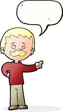 Çizgi filmdeki bıyıklı adam bir insan tarafından çizilmiş konuşma balonuyla işaret ediyor.