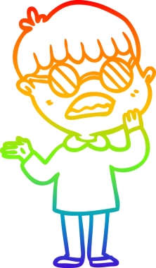 Gökkuşağı gradyan çizgi çizimi bir insan tarafından çizilmiş gözlük takan kafası karışmış bir çocuk.