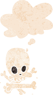 Düşünce baloncuklu çizgi film kafatası ve kemikler grunge sıkıntılı retro desen bir insan tarafından çizilmiş