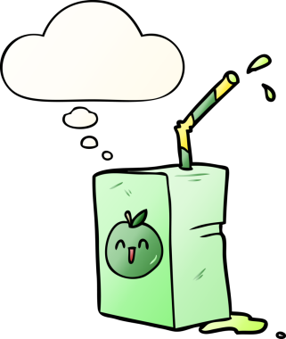 Düşünce baloncuklu çizgi film meyve suyu kutusu bir insan tarafından çizilmiş.