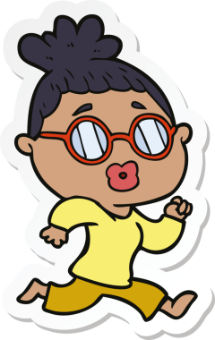 Bir insan tarafından çizilmiş gözlüklü bir karikatür kadının çıkartması.