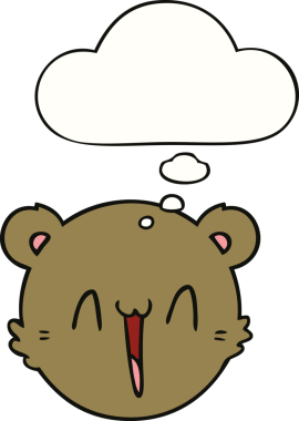 Bir insan tarafından çizilmiş düşünce baloncuklu oyuncak ayı yüzlü şirin bir çizgi film.