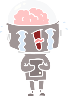 Bir insan tarafından çizilmiş düz renkli karikatür ağlayan robot.