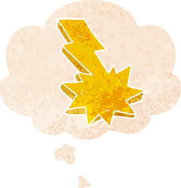 Düşünce baloncuğu ile karikatür yıldırımı grunge sıkıntılı retro tarzı bir insan tarafından çizilmiş