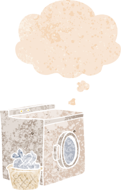 Düşünce baloncuklu çizgi film çamaşır makinesi grunge sıkıntılı retro dokuma tarzı bir insan tarafından çizilmiş