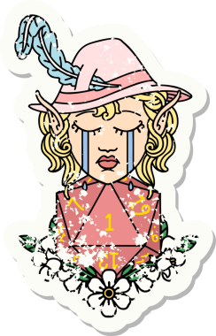 Ağlayan bir elf ozan karakterinin grunge çıkartması. Bir insan tarafından çizilmiş doğal bir D20 rulosu.