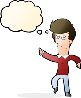 Bir insan tarafından çizilen düşünce baloncuğuyla işaret eden çizgi film adamı.