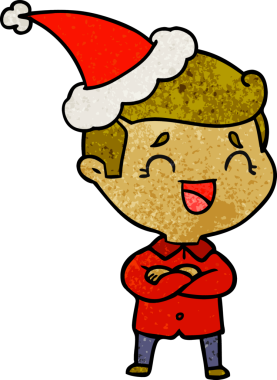 Bir insan tarafından çizilmiş Noel Baba şapkası takan gülen bir adamın el çizimi karikatürü.