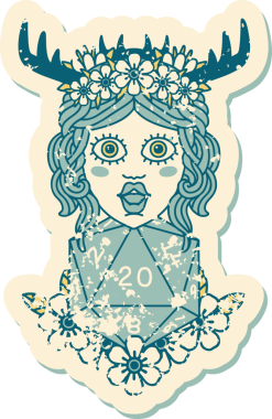 Bir insan tarafından çizilmiş doğal yirmi zarlı bir Druid 'in grunge çıkartması.