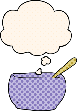 Çizgi roman tarzında bir insan tarafından çizilmiş düşünce baloncuklu çorba kasesi.