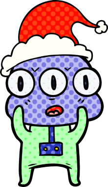 Bir insan tarafından çizilmiş Noel Baba şapkası giyen üç gözlü bir uzaylının el çizimi çizgi roman çizimi.