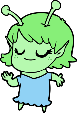 Bir insan tarafından çizilmiş gülümseyen uzaylı kız çizgi filmi.