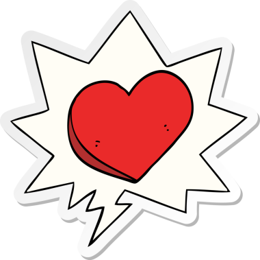 Bir insan tarafından çizilmiş konuşma kabarcığı çıkartmalı karikatür aşk kalbi.