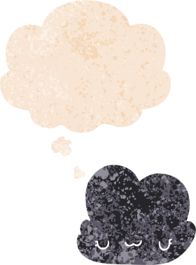 Düşünce baloncuğu ve grunge ile sevimli çizgi film bulutu bir insan tarafından çizilmiş sıkıntılı retro dokuma tarzı