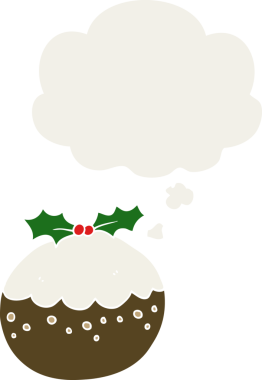 Düşünce baloncuklu noel pudingi insan tarafından çizilmiş retro tarzı.