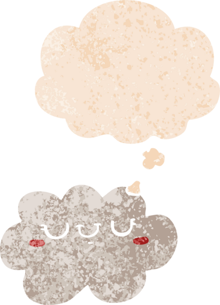 Düşünce baloncuğu ve grunge ile sevimli çizgi film bulutu bir insan tarafından çizilmiş sıkıntılı retro dokuma tarzı