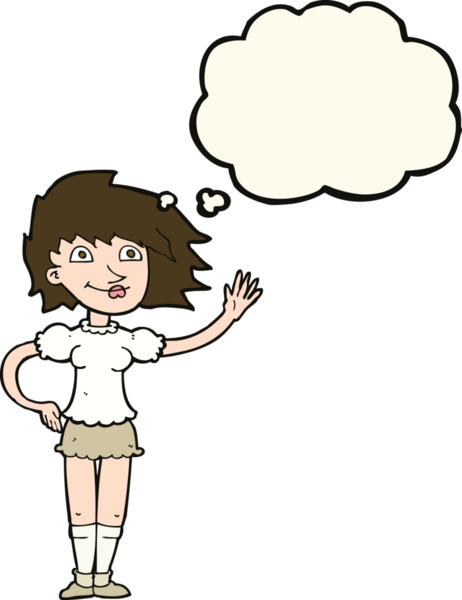 Bir insan tarafından çizilmiş düşünce baloncuğuyla el sallayan çizgi film kadını.
