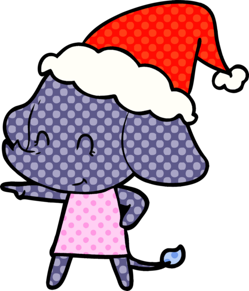 Bir insan tarafından çizilmiş Noel Baba şapkası takan bir fil çizimi.