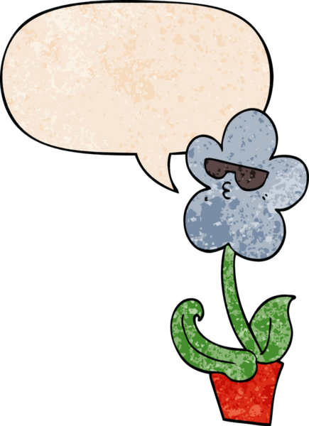 Bir insan tarafından çizilmiş, retro dokuma tarzında konuşma baloncuğu olan havalı bir karikatür çiçeği.