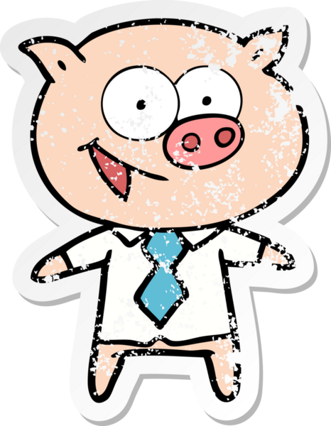 Bir insan tarafından çizilmiş ofis kıyafetleri içinde neşeli bir domuzun sıkıntılı çıkartması.