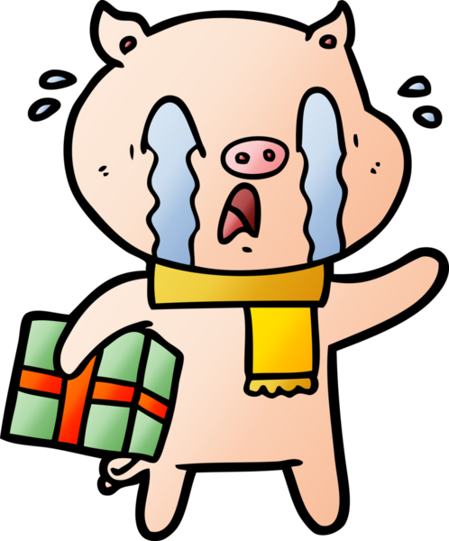 Ağlayan domuz çizgi filmi bir insan tarafından çizilmiş Noel hediyesini teslim ediyor.