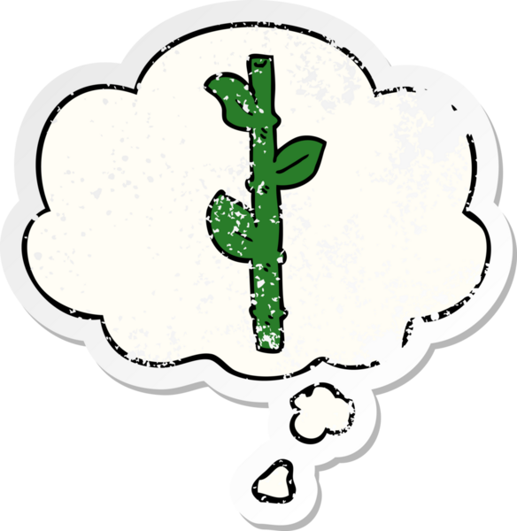 Düşünce baloncuğu olan karikatür bambu, insan tarafından çizilmiş yıpranmış bir çıkartma.