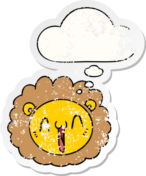 Düşünce baloncuklu çizgi film aslanı yüzü bir insan tarafından çizilmiş yıpranmış bir çıkartma gibi.