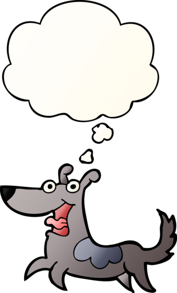 Mutlu köpek çizgi filmi. Düşünce baloncuğu bir insan tarafından çizilmiş.