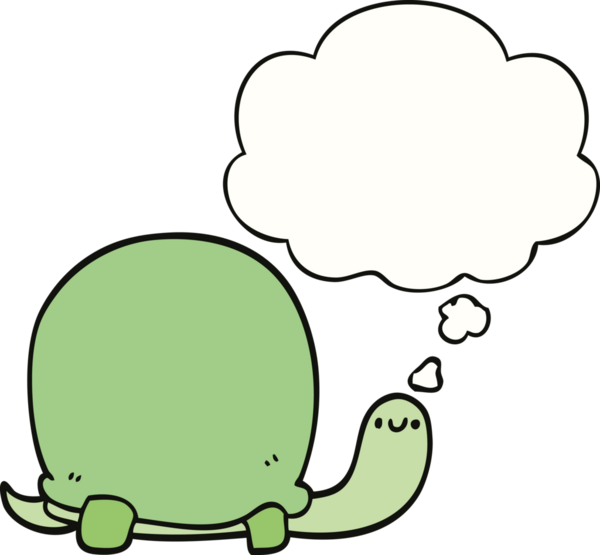 Bir insan tarafından çizilmiş düşünce baloncuklu şirin karikatür kaplumbağası.