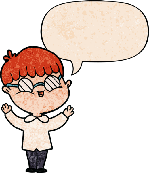 Çizgi filmci çocuk gözlük takıyor ve insan tarafından çizilmiş eski moda konuşma baloncuğu var.