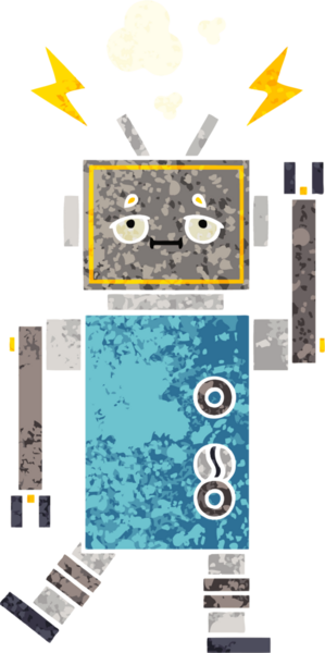 Bir insan tarafından çizilmiş arızalı bir robotun retro çizim tarzı karikatürü