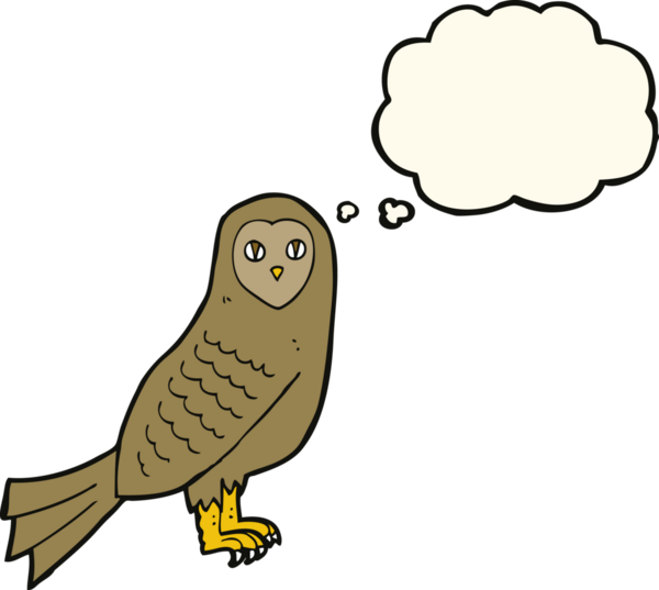 Bir insan tarafından çizilmiş düşünce baloncuklu çizgi film baykuşu