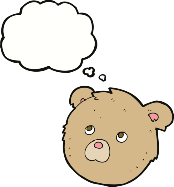 Bir insan tarafından çizilmiş düşünce balonlu oyuncak ayı yüzlü çizgi film.