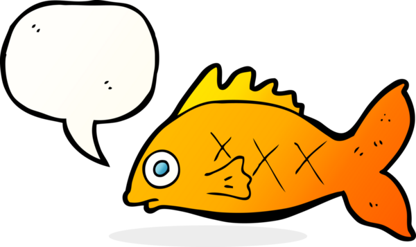 Bir insan tarafından çizilmiş konuşma balonlu çizgi film balığı.