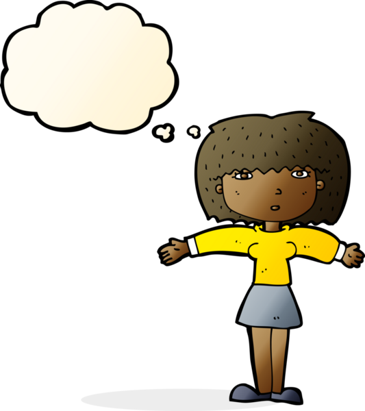 Bir insan tarafından çizilmiş düşünce baloncuğuyla omuz silken çizgi film kadını.