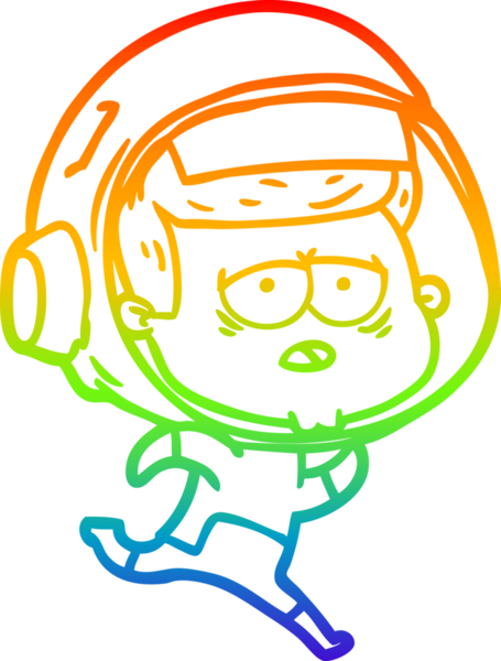 Gökkuşağı gradyan çizgi çizimi bir insan tarafından çizilmiş yorgun astronot