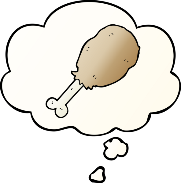 Düşünce baloncuğu olan tavuk budu çizgi filmi bir insan tarafından çizilmiş.