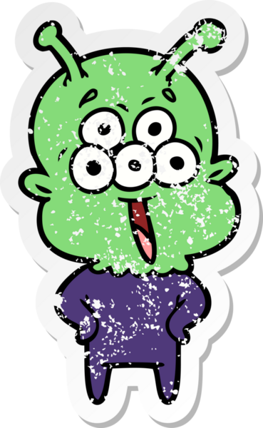 Bir insan tarafından çizilmiş mutlu çizgi film uzaylısının sıkıntılı çıkartması.