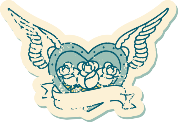 Bir insan tarafından çizilmiş çiçek ve pankartıyla uçan bir kalbin sembolik dövmeli resmi.