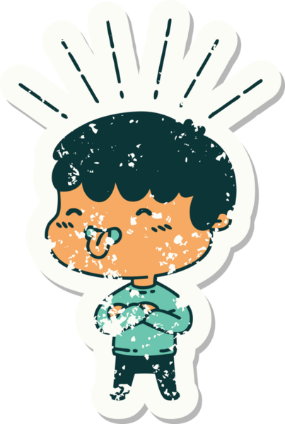 Bir insan tarafından çizilmiş dili çıkmış dövmeli bir çocuğun eski çıkartması.