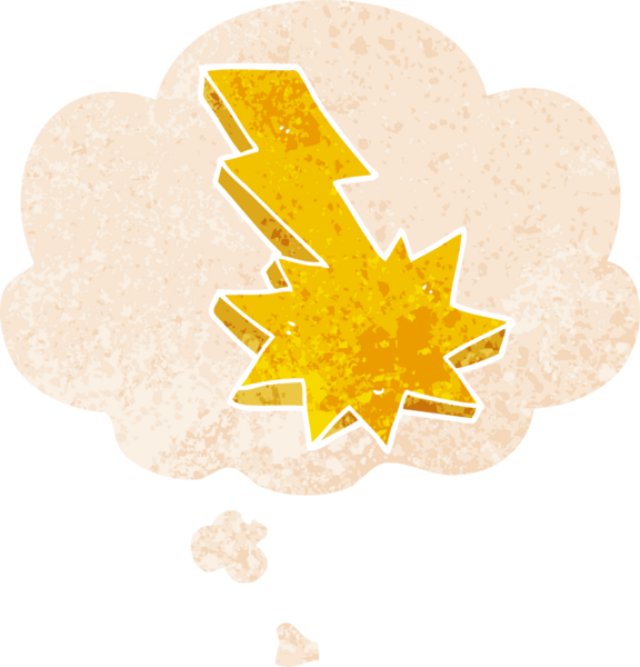 Düşünce baloncuğu ile karikatür yıldırımı grunge sıkıntılı retro tarzı bir insan tarafından çizilmiş