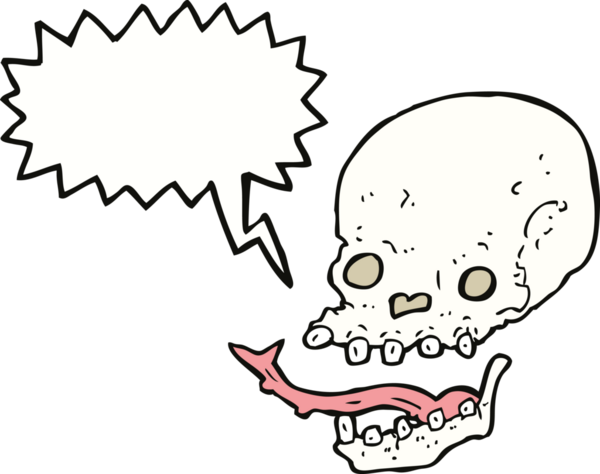 Bir insan tarafından çizilmiş konuşma baloncuğu olan karikatürümsü kafatası.