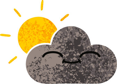 Bir insan tarafından çizilmiş fırtına bulutu ve güneşin retro çizim tarzı karikatürü.