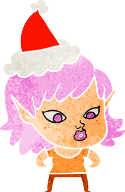 Bir insan tarafından çizilmiş Noel Baba şapkası takan elf bir kızın güzel el çizimi karikatürü