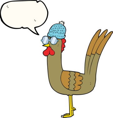 Bir insan tarafından çizilmiş gözlüklü ve şapkalı serbest konuşma balonu tavuğu.