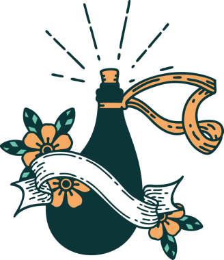 Dövme stili bir afiş. Bir insan tarafından çizilmiş eski deri su şişesi.