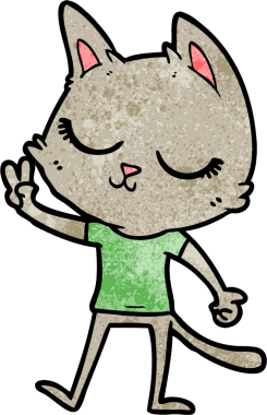 Sakin çizgi film kedisi bir insan tarafından çizilmiş barış işareti veriyor.