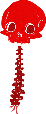 Bir insan tarafından çizilmiş ürkütücü bir kafatası ve omurga.