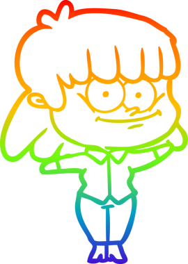 Gökkuşağı gradyan çizimi bir insan tarafından çizilmiş gülümseyen bir çizgi kız çizimi