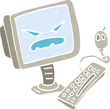 Bir insan tarafından çizilmiş düz renkli karikatür şeytani bilgisayar